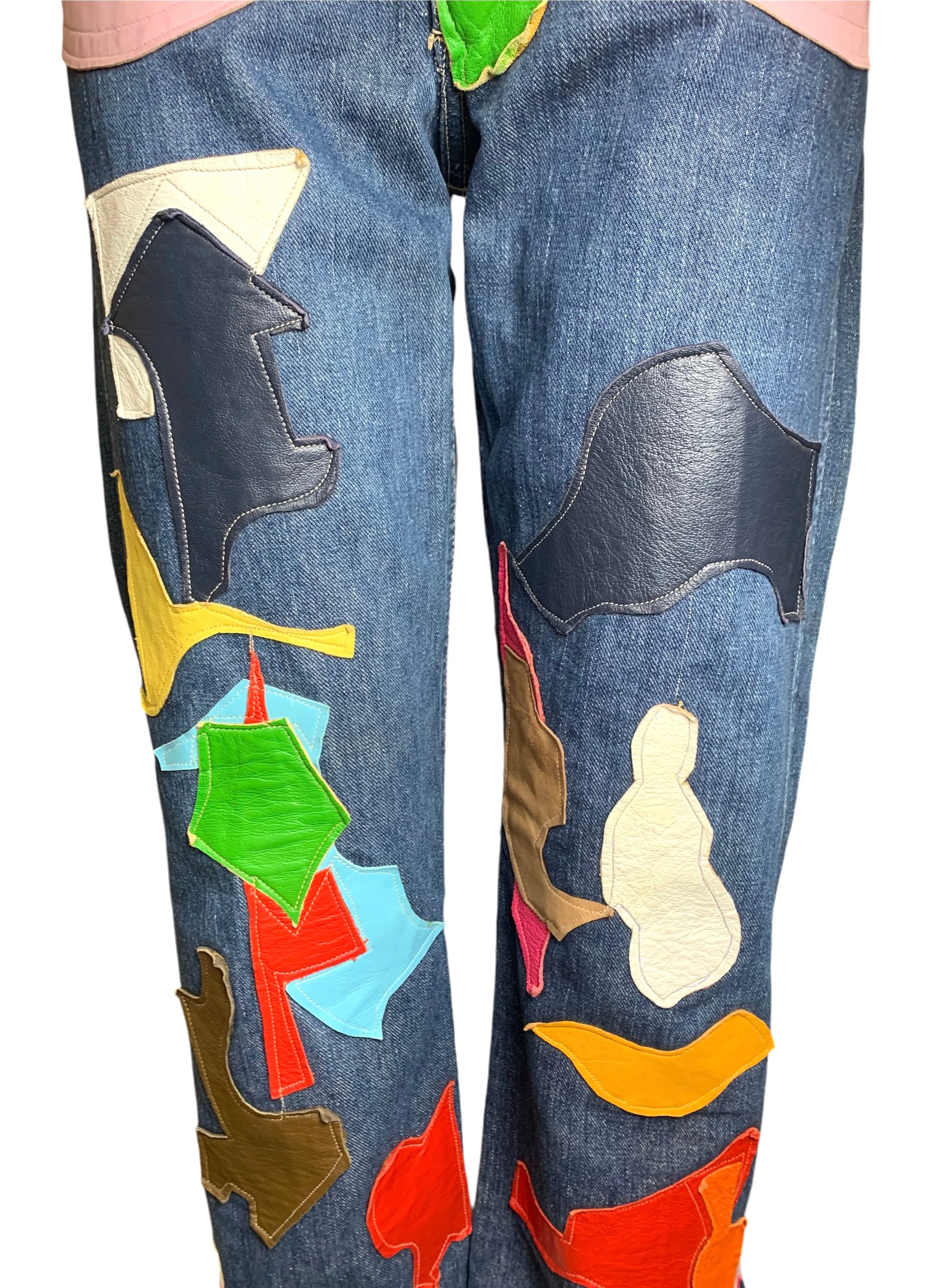 60s Wrangler Jeans with Abstract Technicolor Leather Patchwork