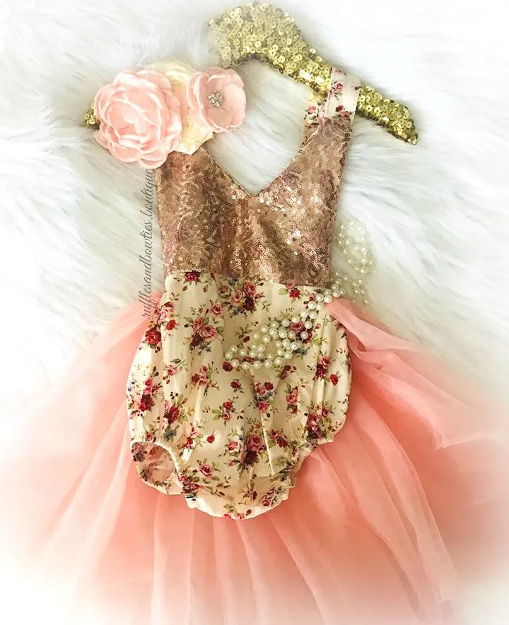 Abigail Cream Plum Peach Rose & Gold Floral Vintage Birthday Tutu Romper