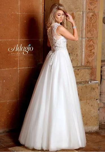 Adagio Bridal W9312 size 12, 18 Sheer Bodice Crystal Wedding Dress High Neck Ballgown