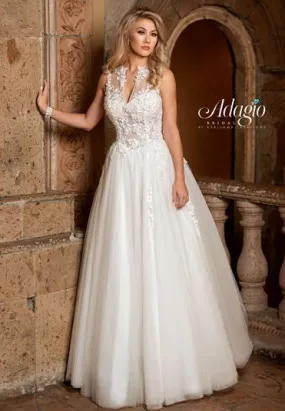 Adagio Bridal W9312 size 12, 18 Sheer Bodice Crystal Wedding Dress High Neck Ballgown