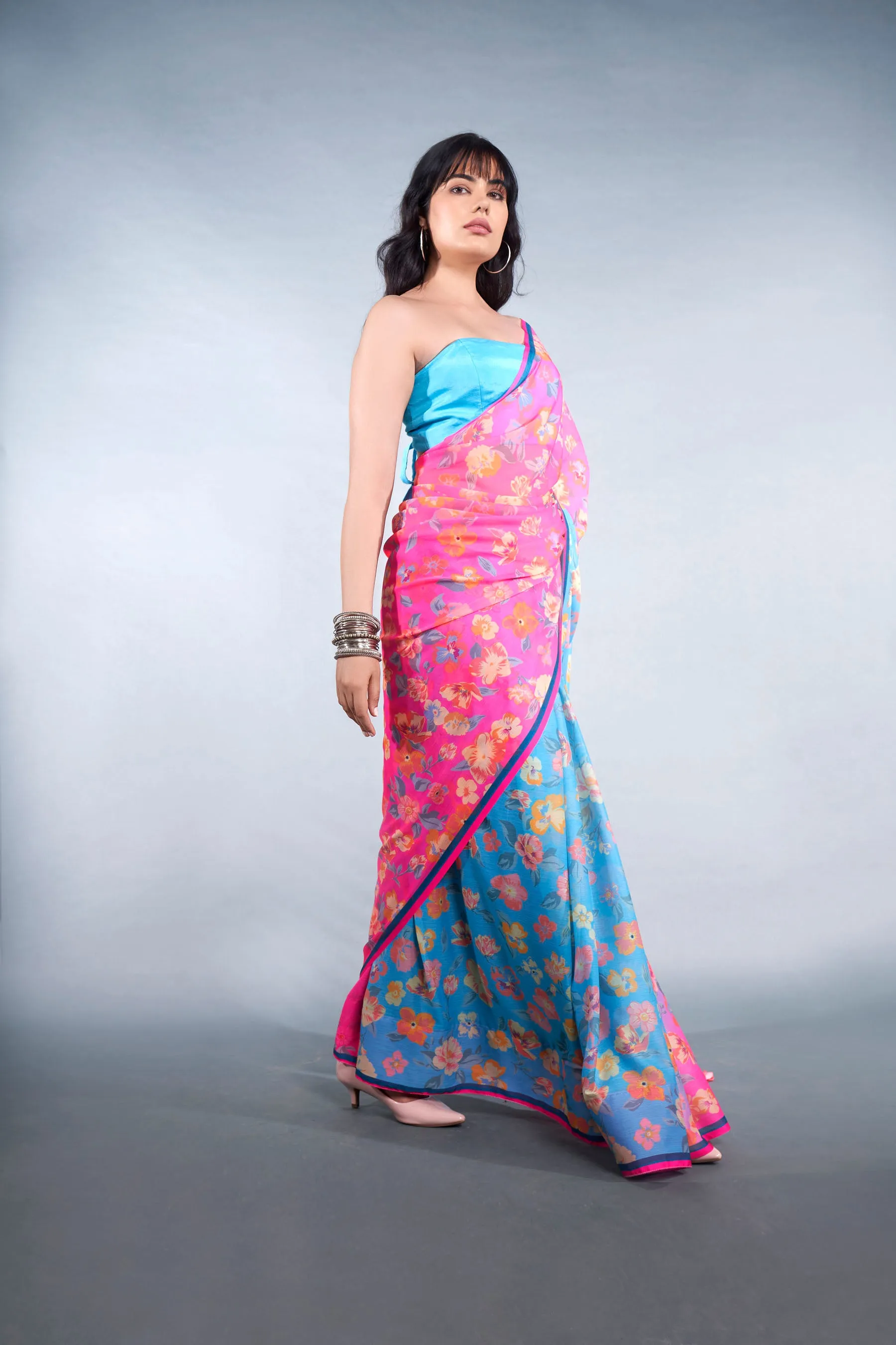 Airy Blue Floral Printed Chiffon Saree With Latkan