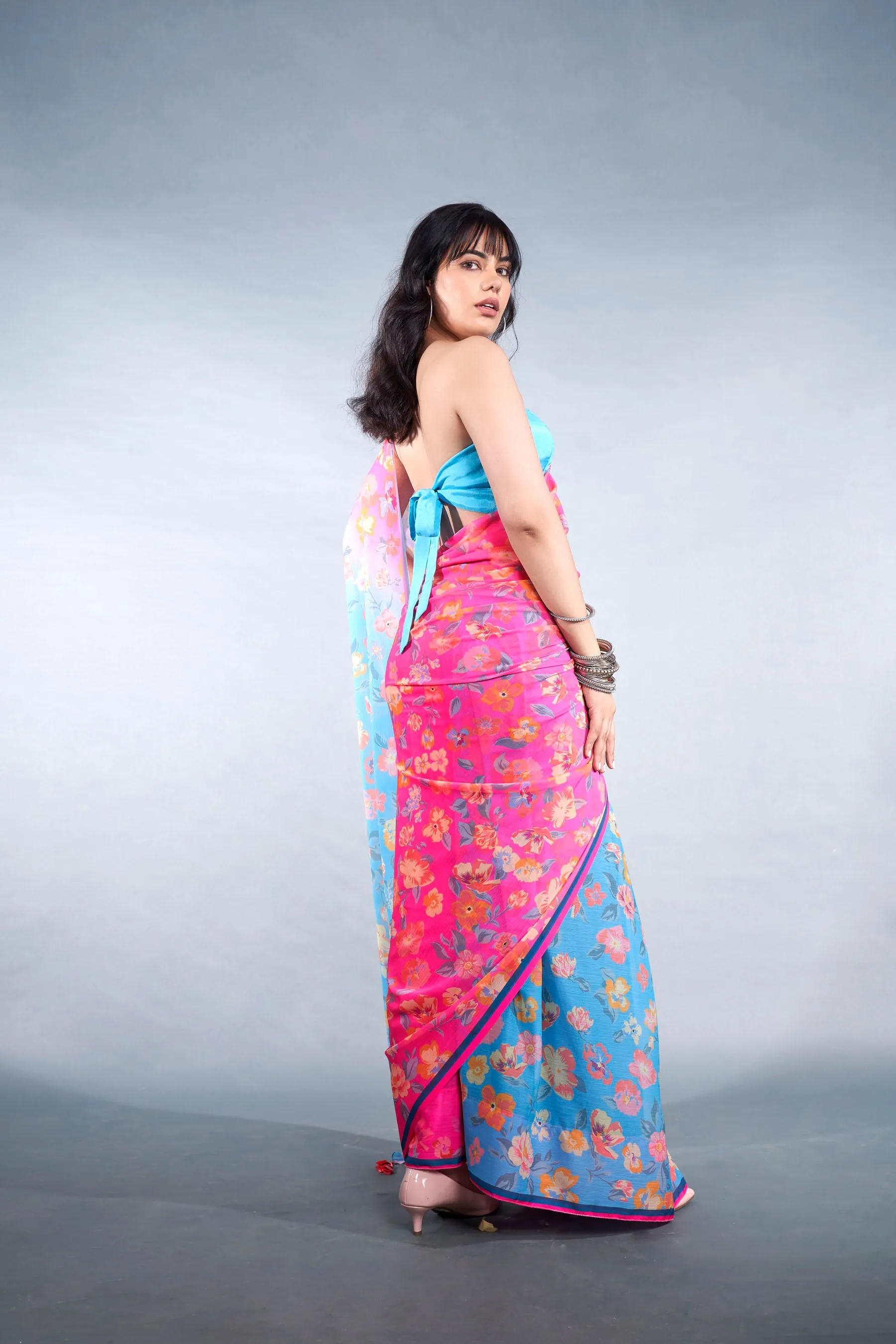 Airy Blue Floral Printed Chiffon Saree With Latkan