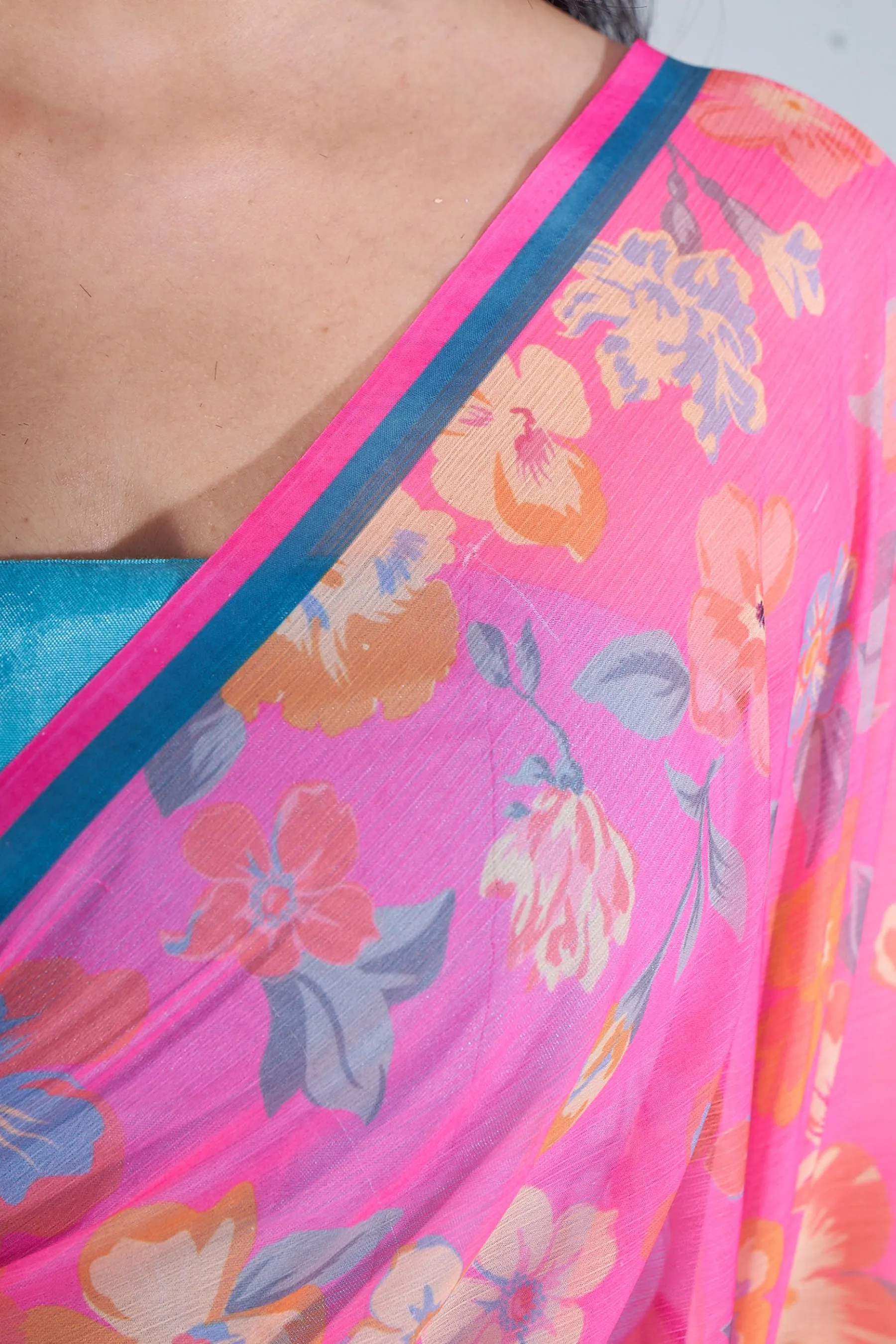 Airy Blue Floral Printed Chiffon Saree With Latkan