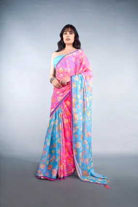 Airy Blue Floral Printed Chiffon Saree With Latkan