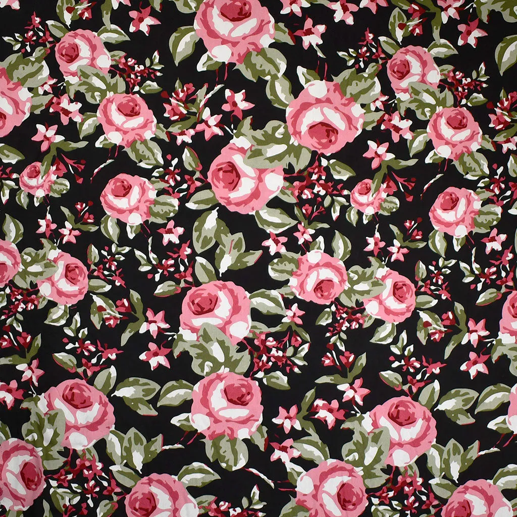 Artistic Garden Roses Rayon Challis Black/Rose