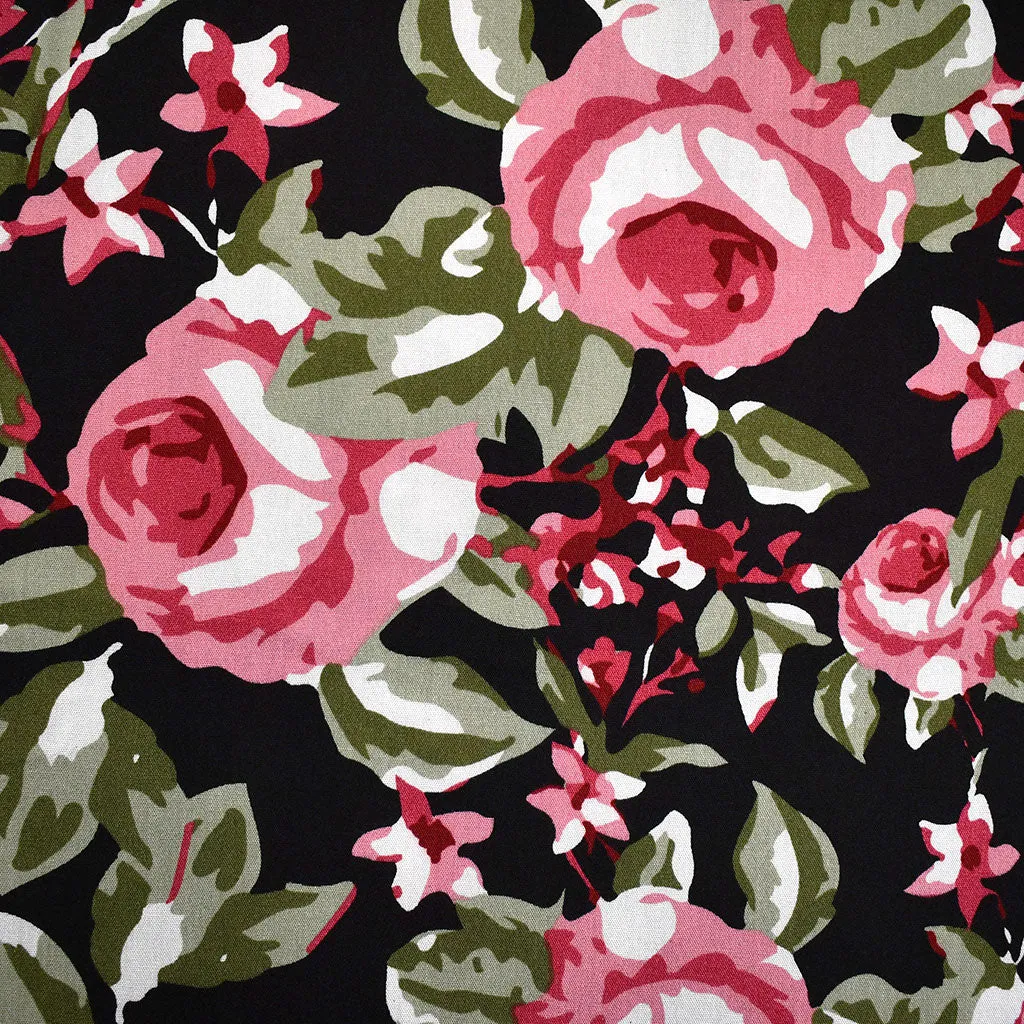 Artistic Garden Roses Rayon Challis Black/Rose