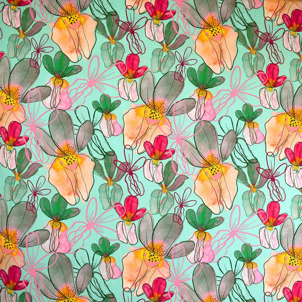 Artistic Orchid Floral Digital Print Rayon Challis Aqua/Coral