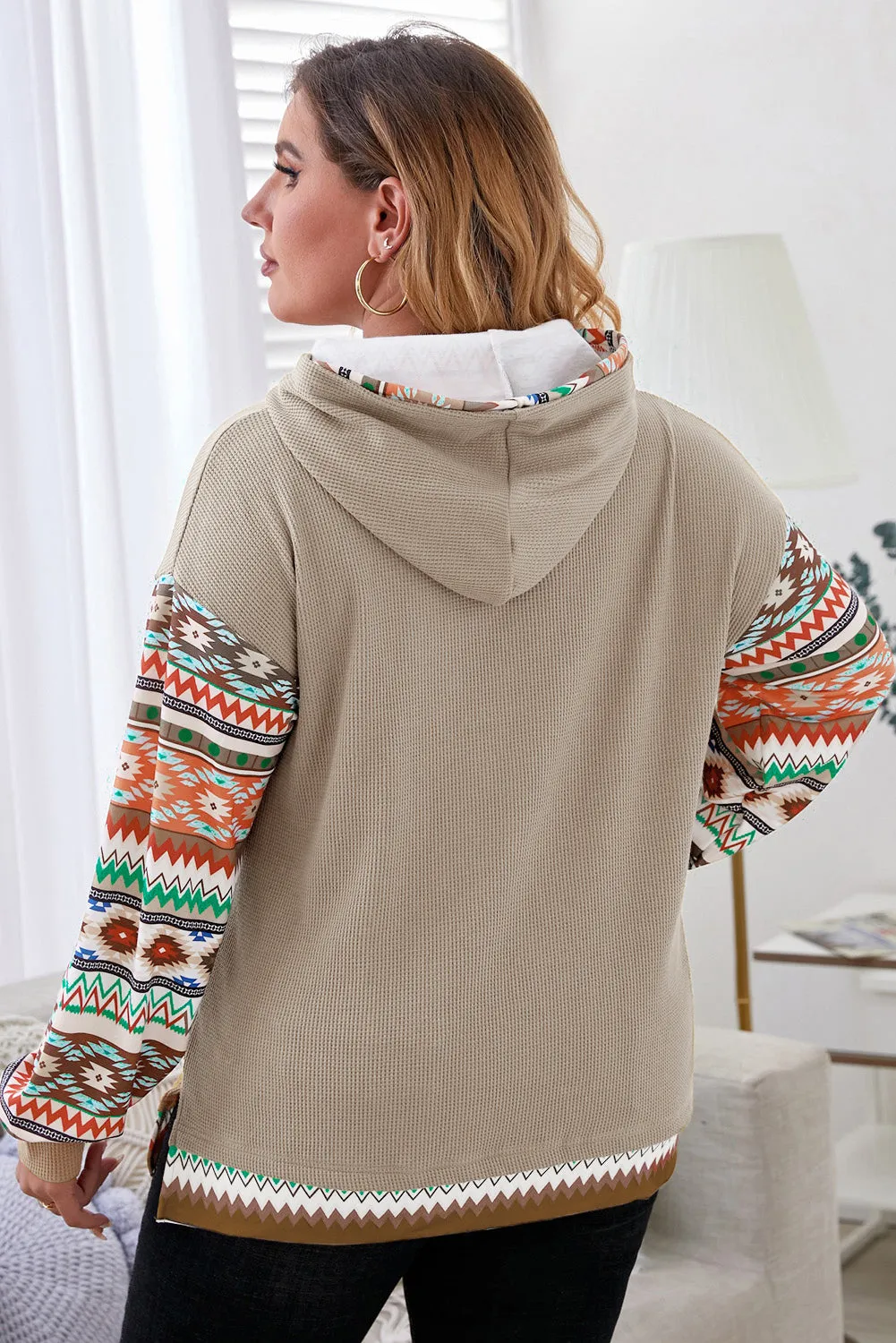 Aztec Patchwork Sleeve Waffle Drawstring Plus Hoodie