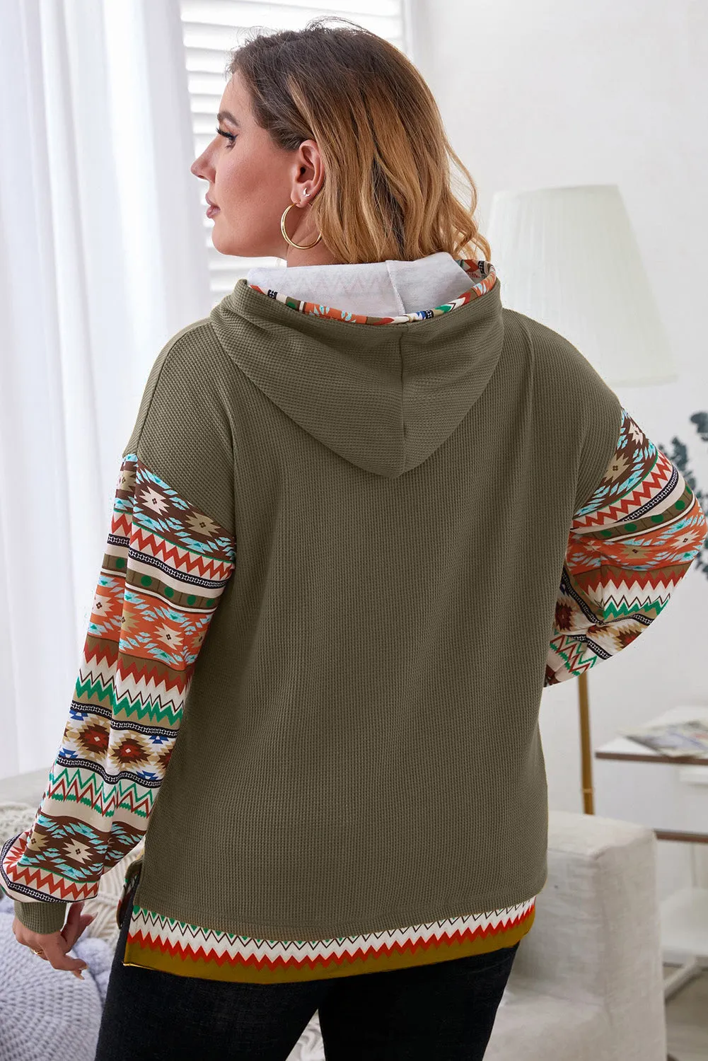 Aztec Patchwork Sleeve Waffle Drawstring Plus Hoodie