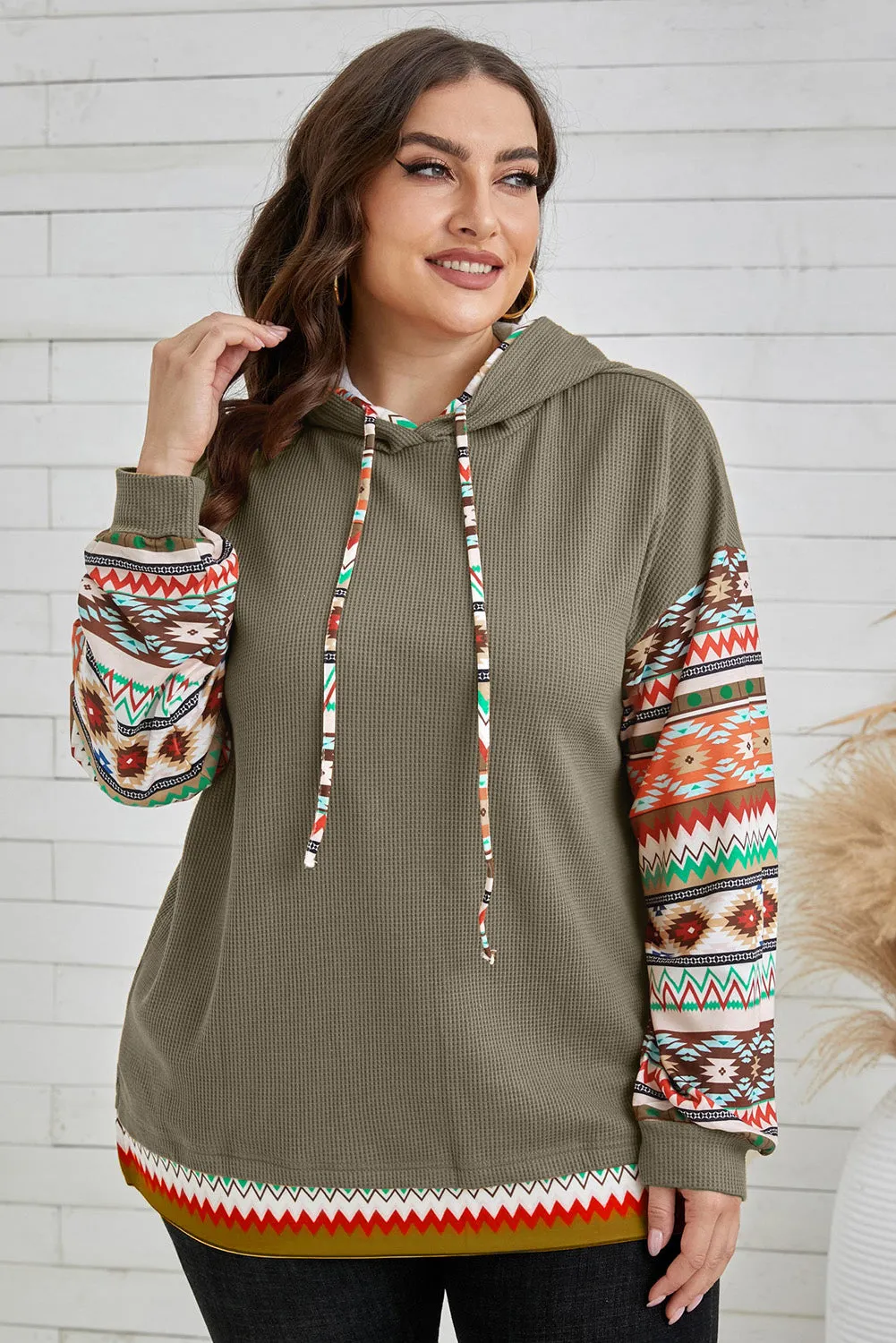 Aztec Patchwork Sleeve Waffle Drawstring Plus Hoodie