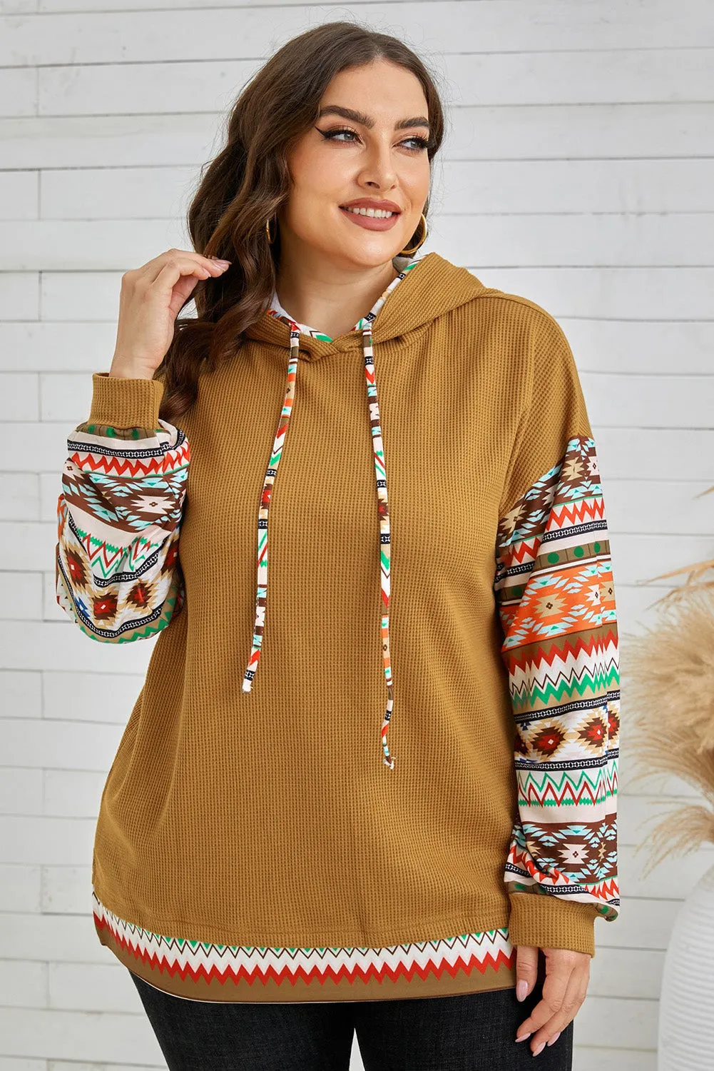 Aztec Patchwork Sleeve Waffle Drawstring Plus Hoodie