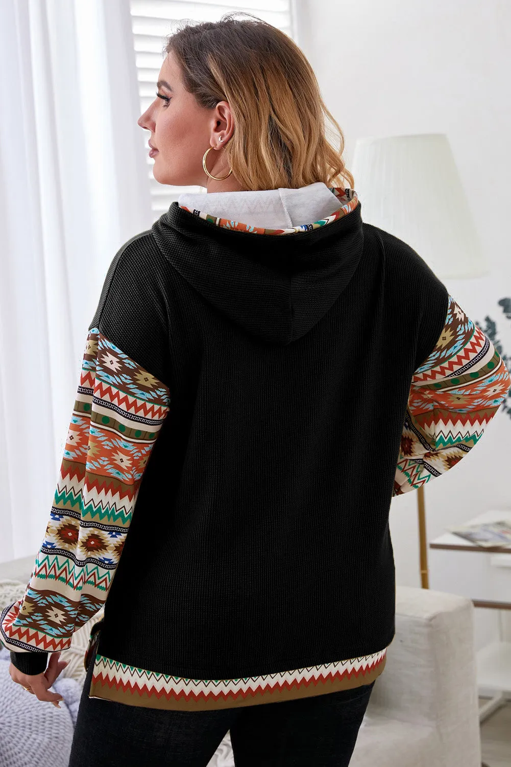 Aztec Patchwork Sleeve Waffle Drawstring Plus Hoodie