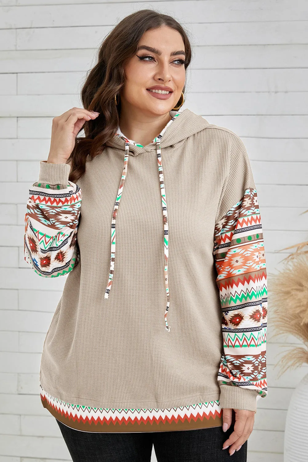 Aztec Patchwork Sleeve Waffle Drawstring Plus Hoodie