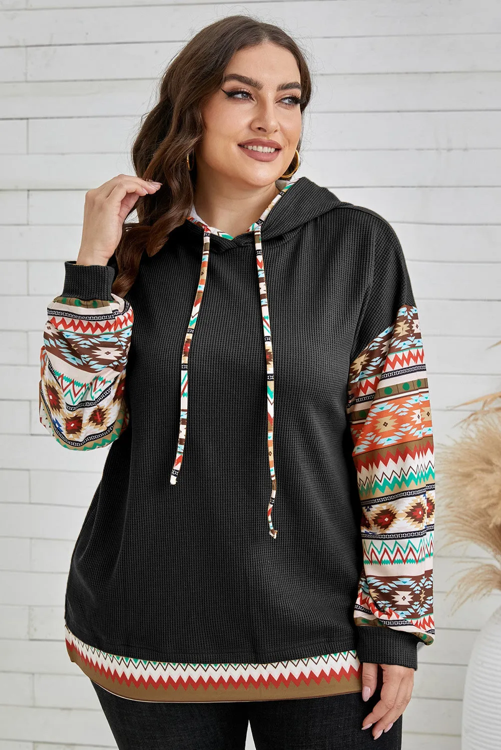 Aztec Patchwork Sleeve Waffle Drawstring Plus Hoodie