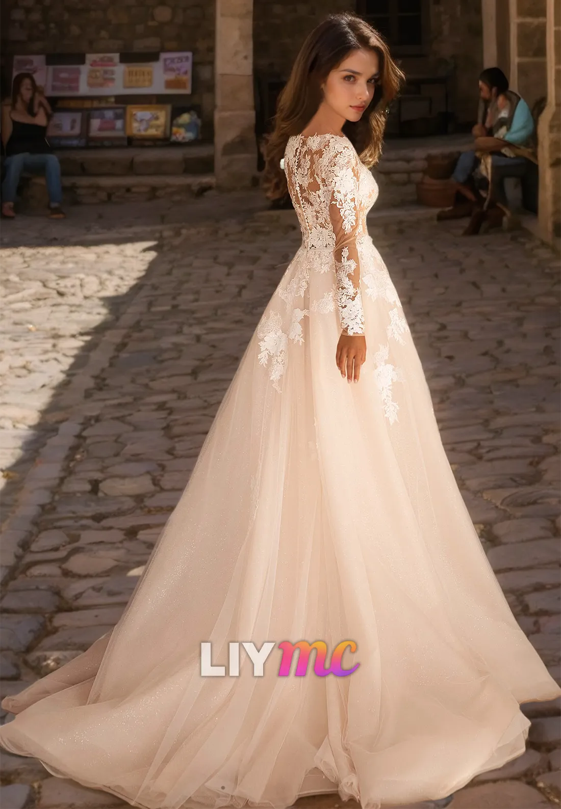 Bateau Long Sleeves Appliques Tulle Ball Gown Wedding Dress