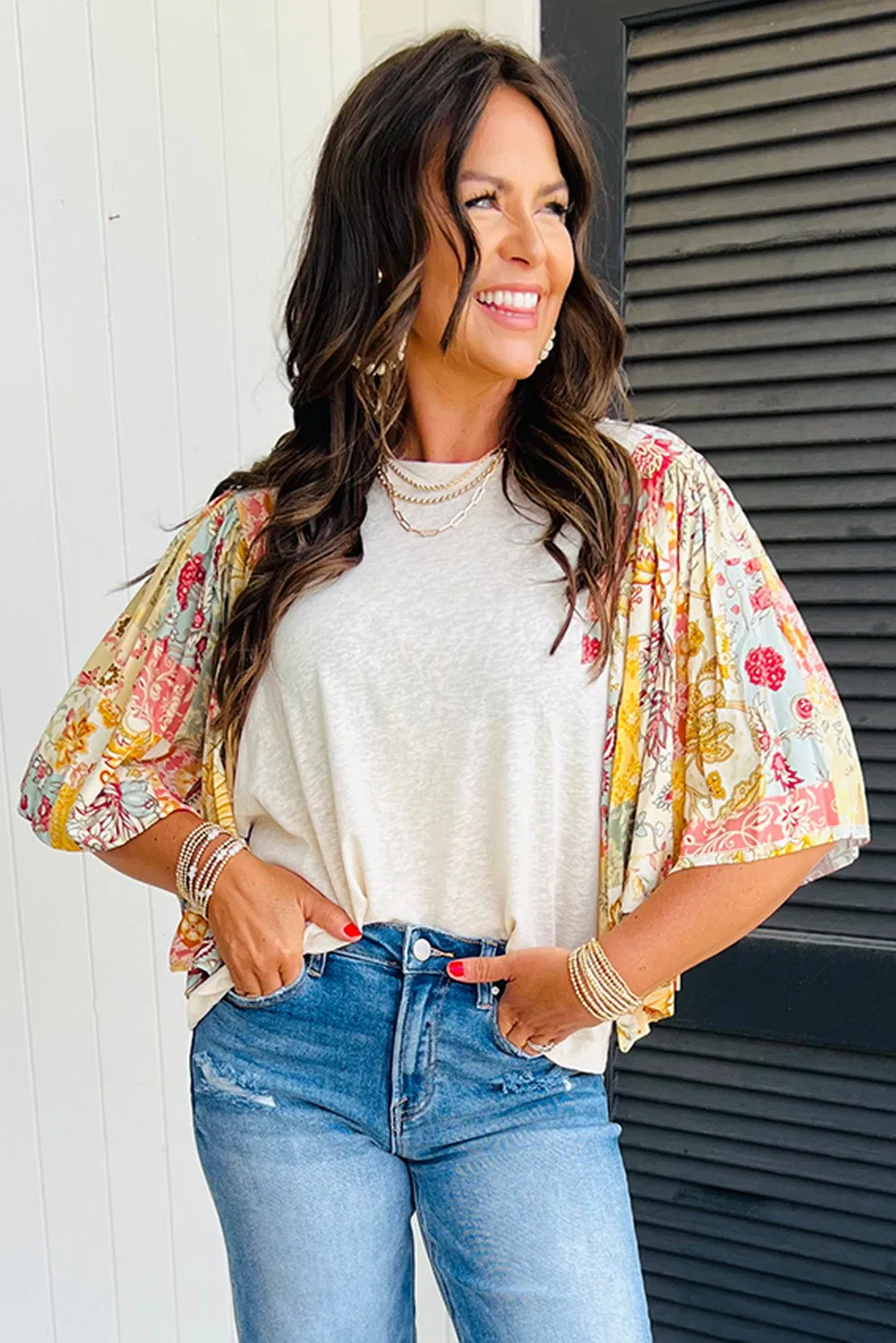 Beige Floral Patchwork Half Batwing Sleeve Blouse