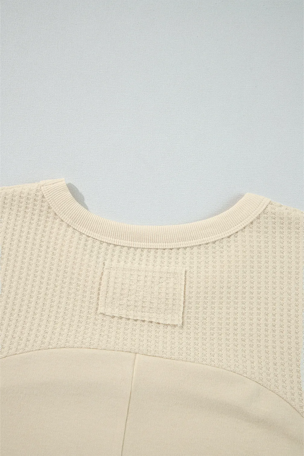 Beige Thermal Knit Patchwork Exposed Seam Long Sleeve Top