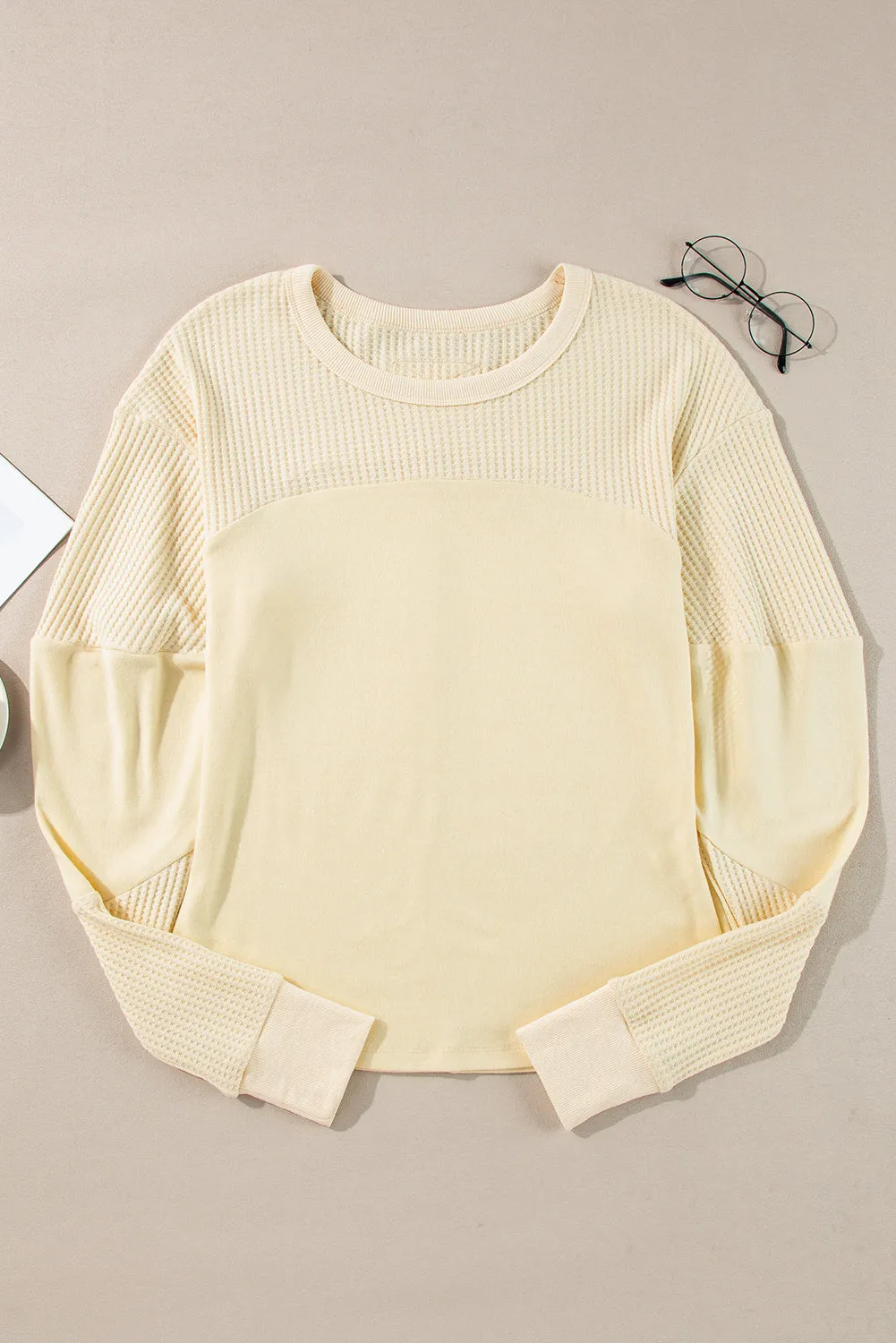 Beige Thermal Knit Patchwork Exposed Seam Long Sleeve Top