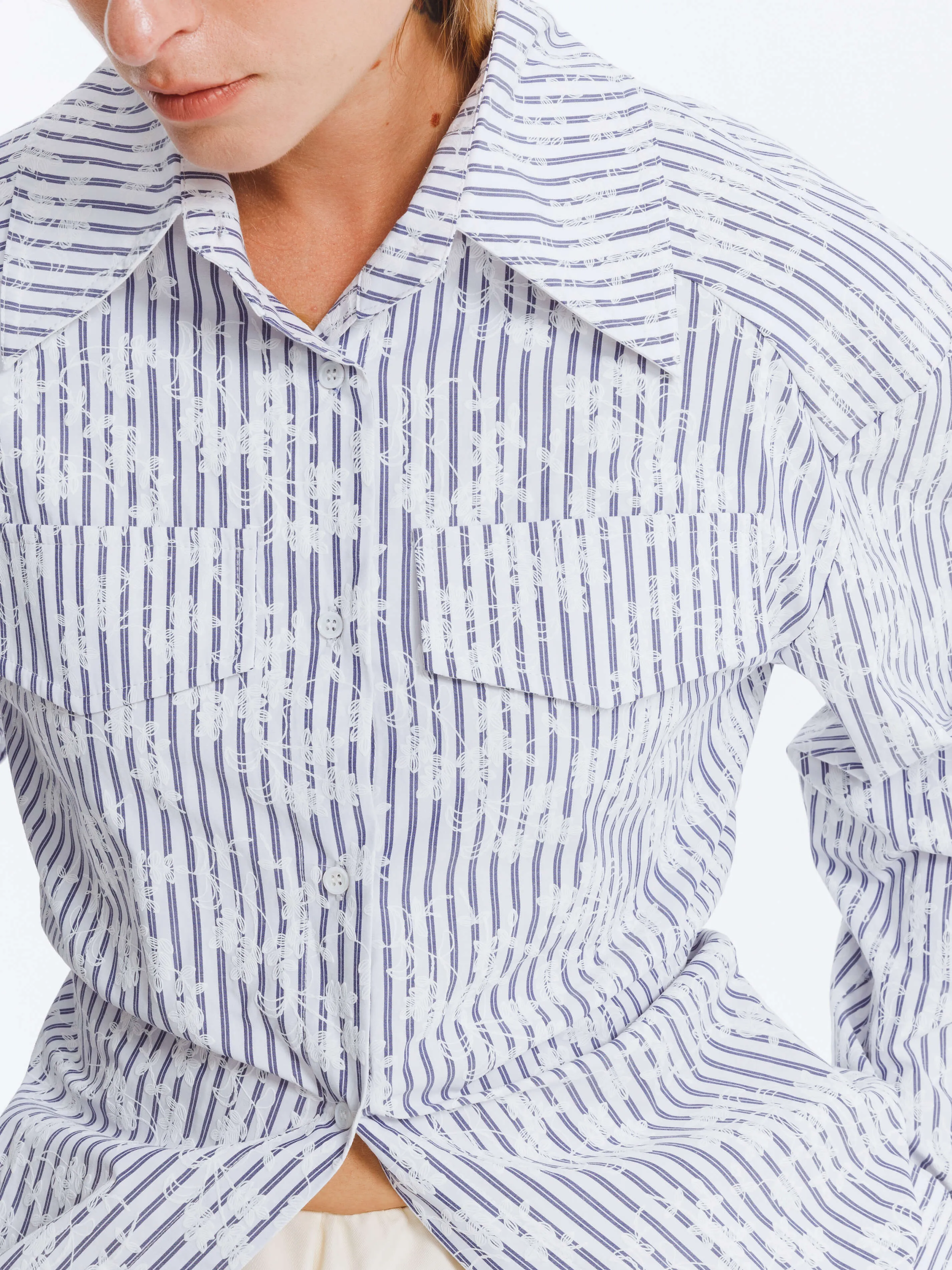 Blue and White Striped Long Sleeves Shirt