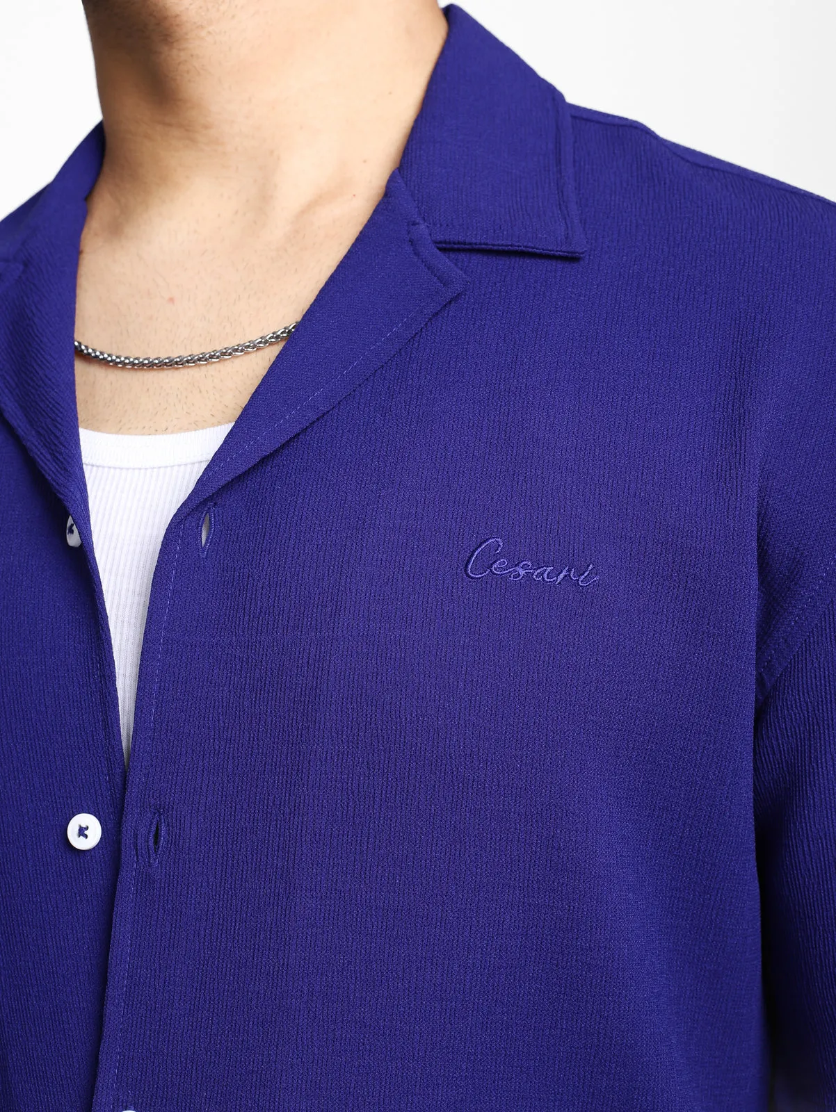 Blue Crinkle Textured Relaxed Cuban Shirt