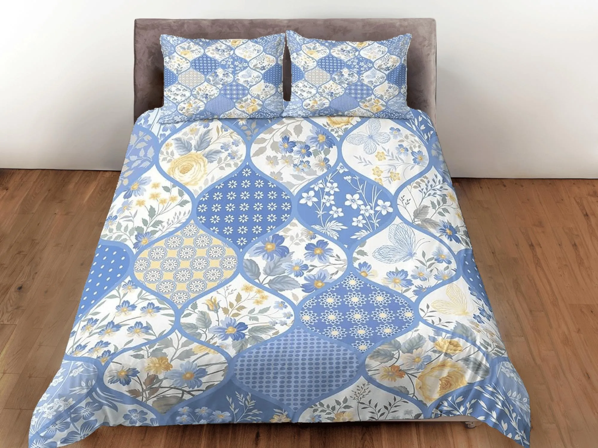 Blue floral patchwork quilt printed duvet cover set, aesthetic room decor bedding set full, king, queen size, boho bedspread shabby chic