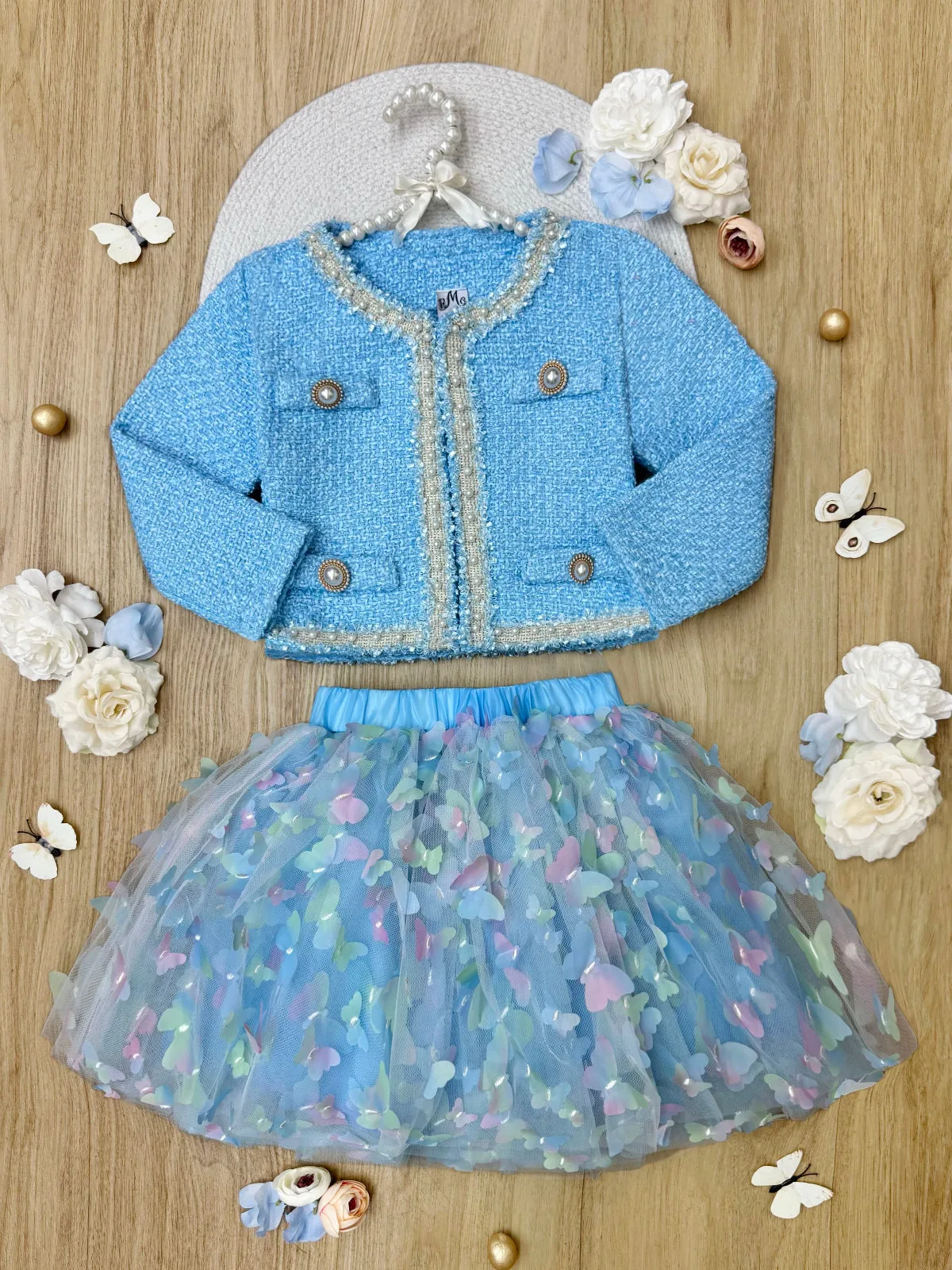 Blue Sparkle Tweed Jacket & Butterfly Tutu Skirt Set