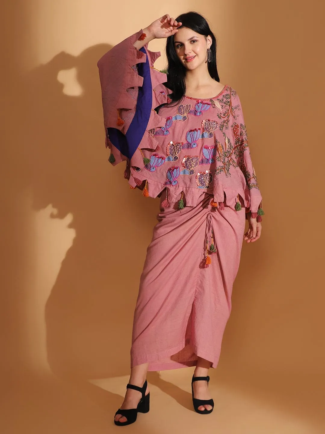 Blush Pink Gond Artwork Top & Skirt