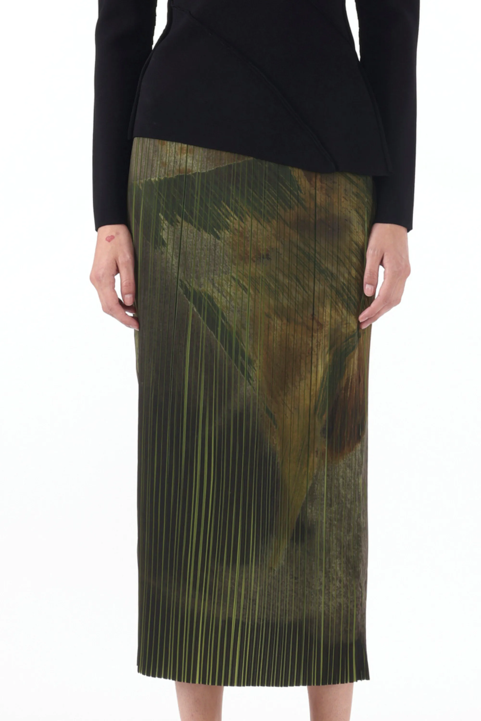 BRUSHSTROKE PRINT PLEATED PENCIL SKIRT