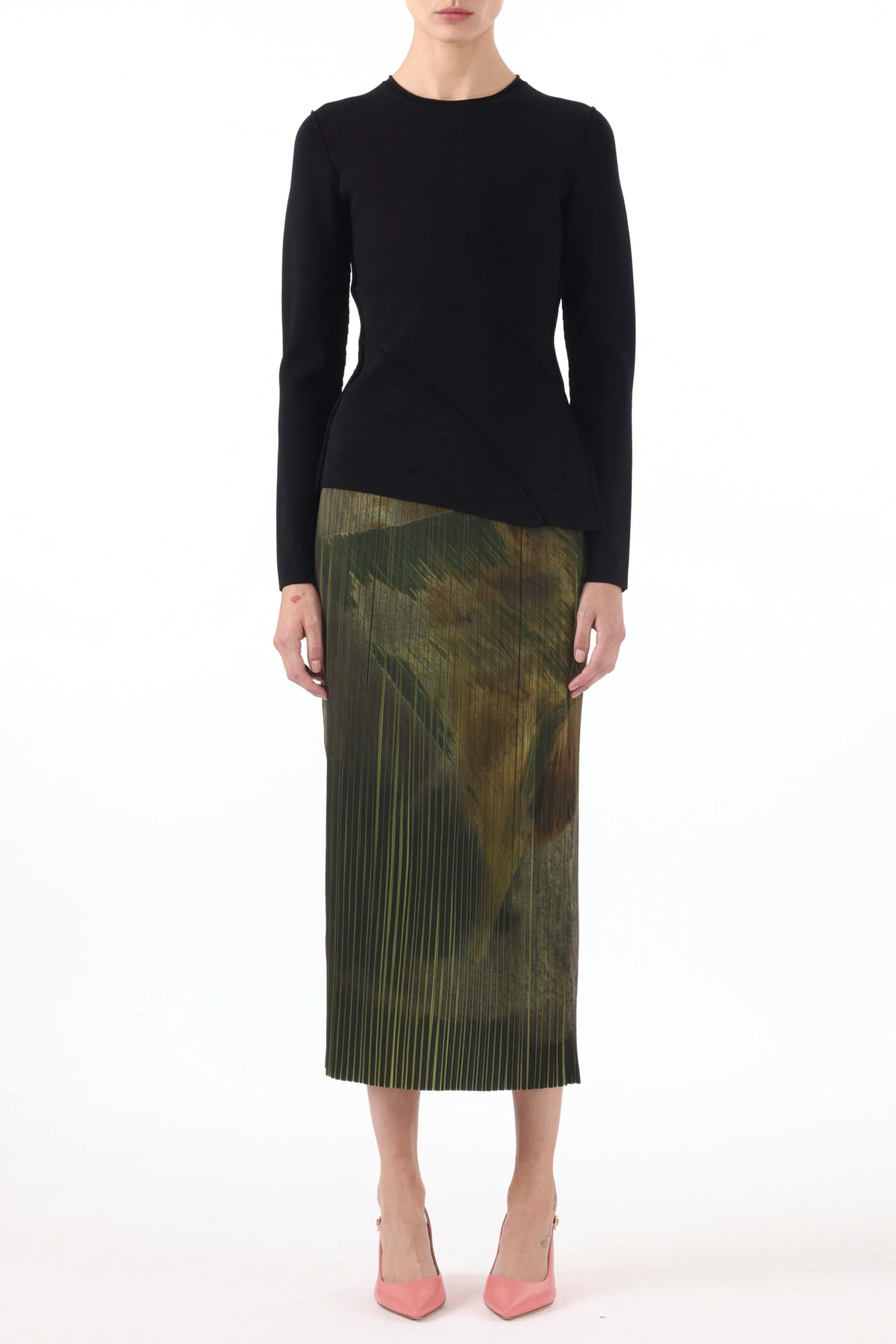 BRUSHSTROKE PRINT PLEATED PENCIL SKIRT