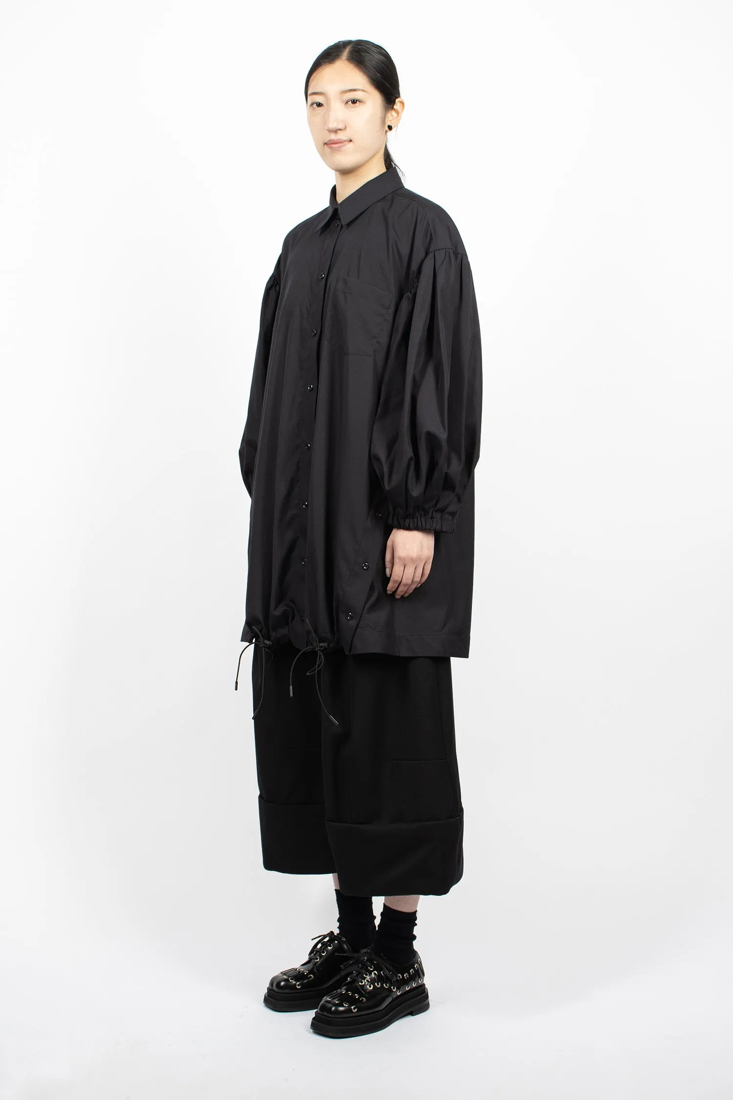 Button Placket Trapeze Shirt Dress Black