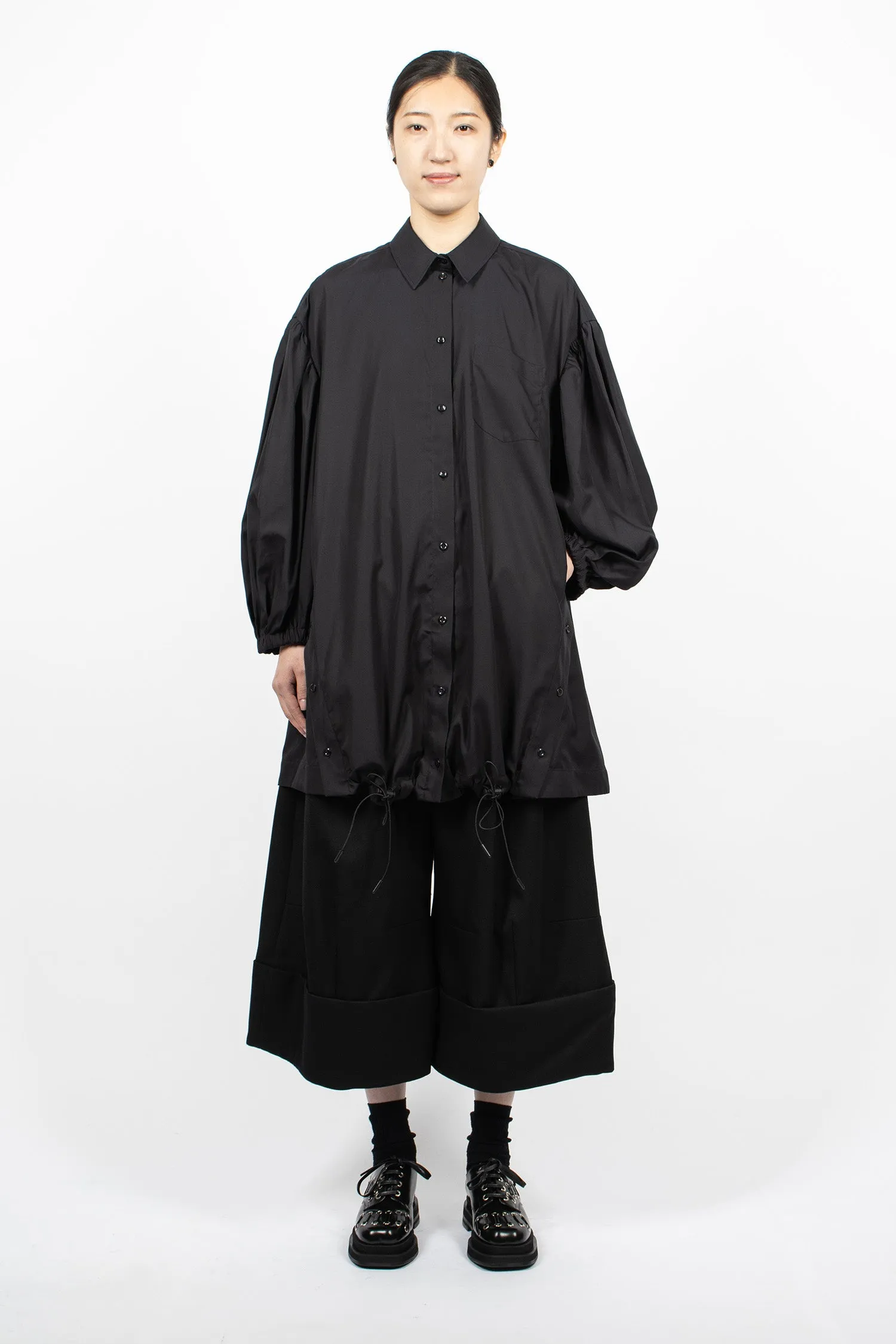 Button Placket Trapeze Shirt Dress Black