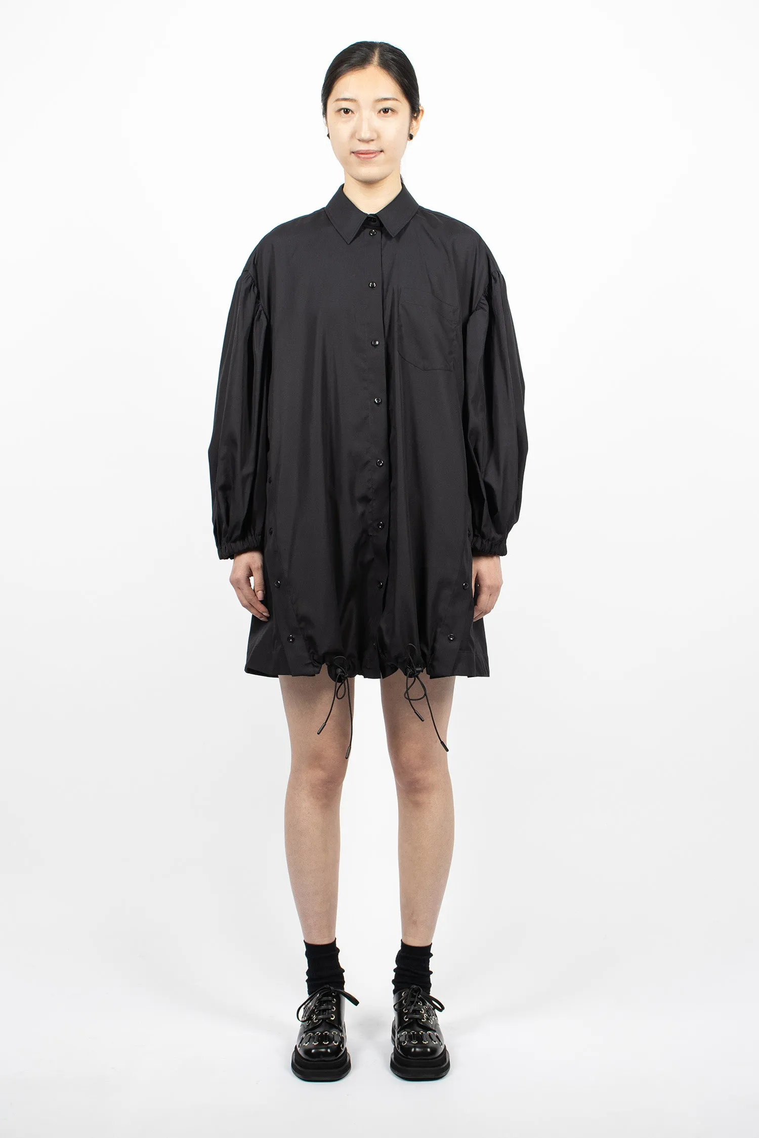 Button Placket Trapeze Shirt Dress Black