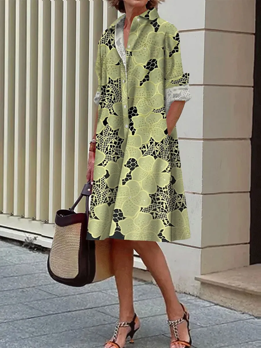 Casual Loose Embroidered Lace Printed Long Sleeve Shirt Dress