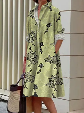 Casual Loose Embroidered Lace Printed Long Sleeve Shirt Dress