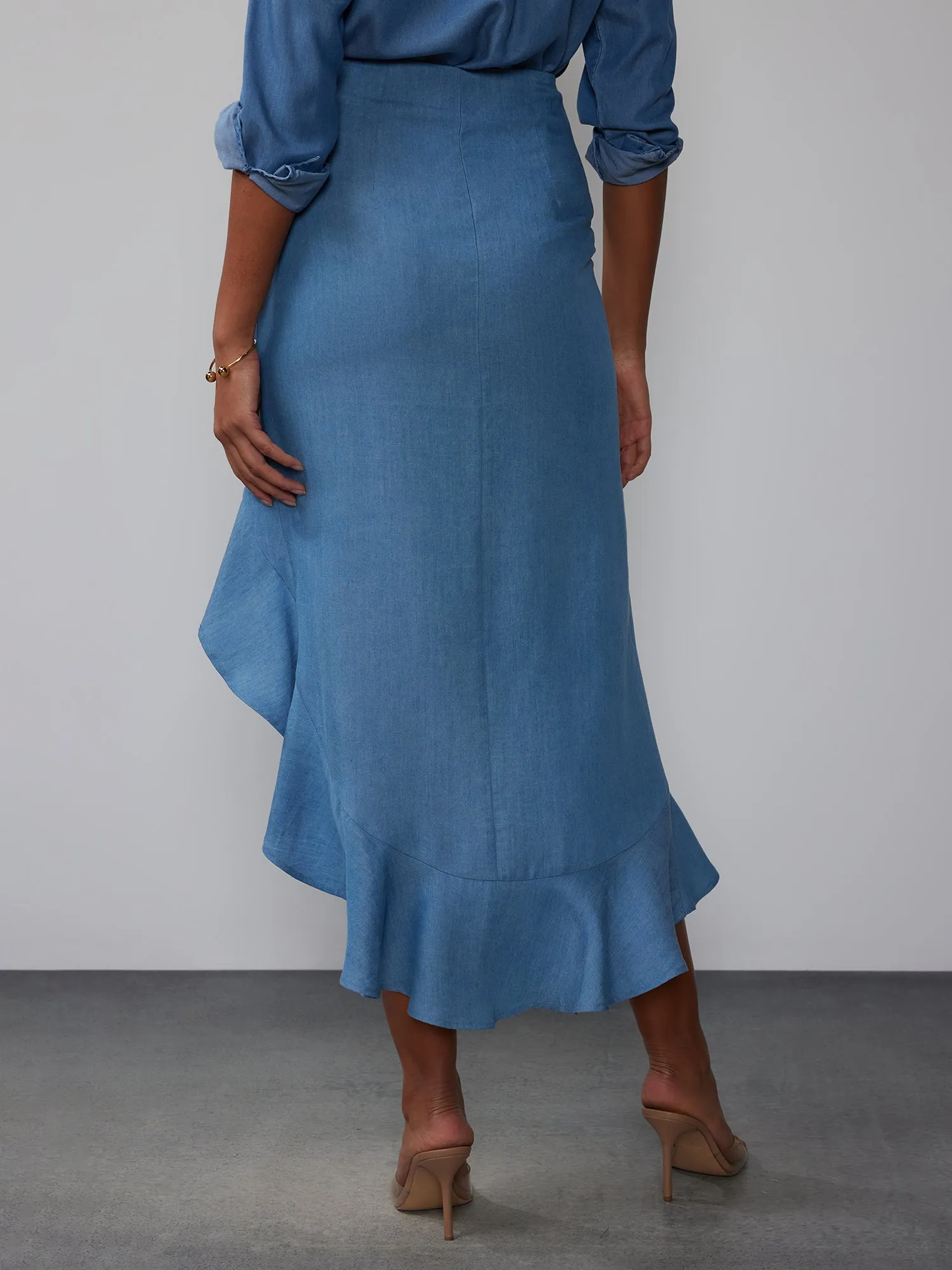 Chambray Ruffle Maxi Skirt