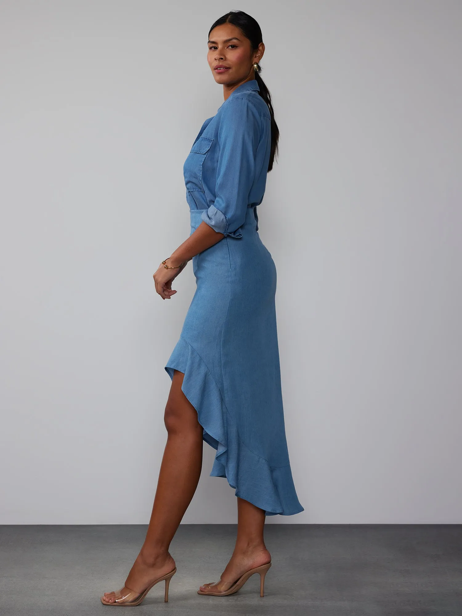 Chambray Ruffle Maxi Skirt