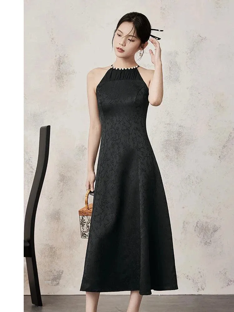 Chic Black Halterneck Sleeveless Summer Maxi Dress with Artistic Patchwork