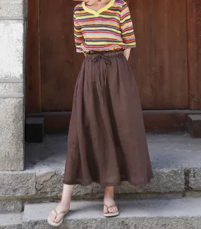 Coffee Women's Skirts Summer Linen Skirt Elastic Waist SSM09755