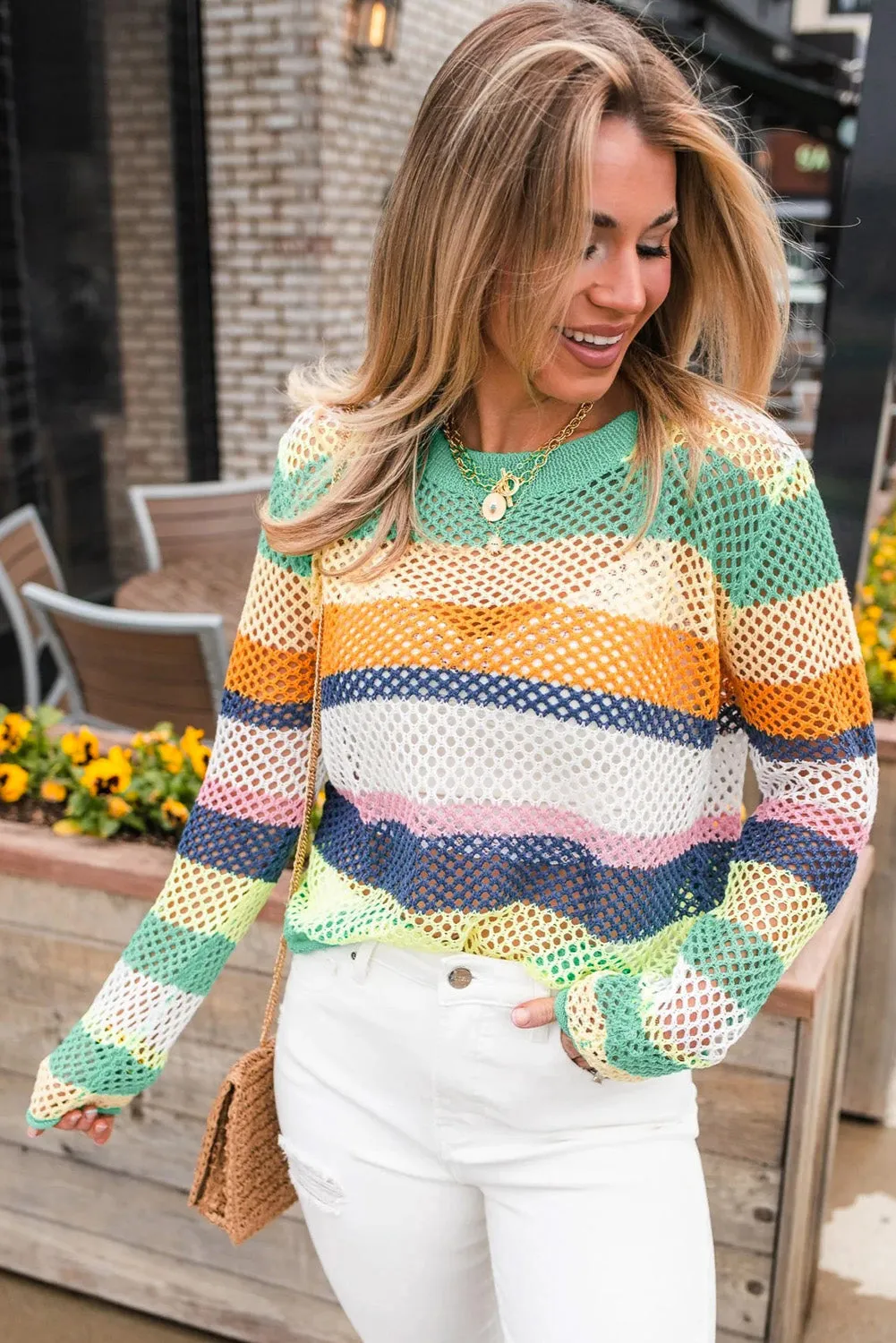 Colorblock Patchwork Knit Crochet Eyelet Sweater