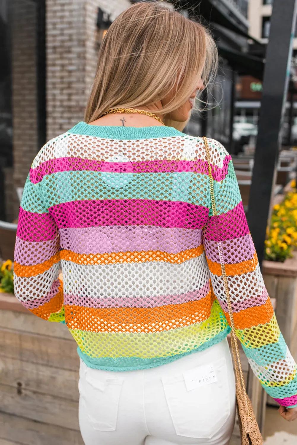 Colorblock Patchwork Knit Crochet Eyelet Sweater