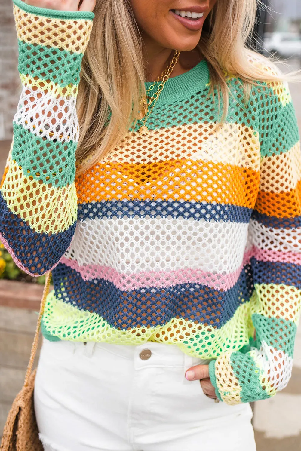 Colorblock Patchwork Knit Crochet Eyelet Sweater