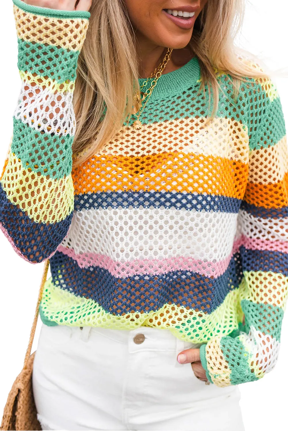 Colorblock Patchwork Knit Crochet Eyelet Sweater