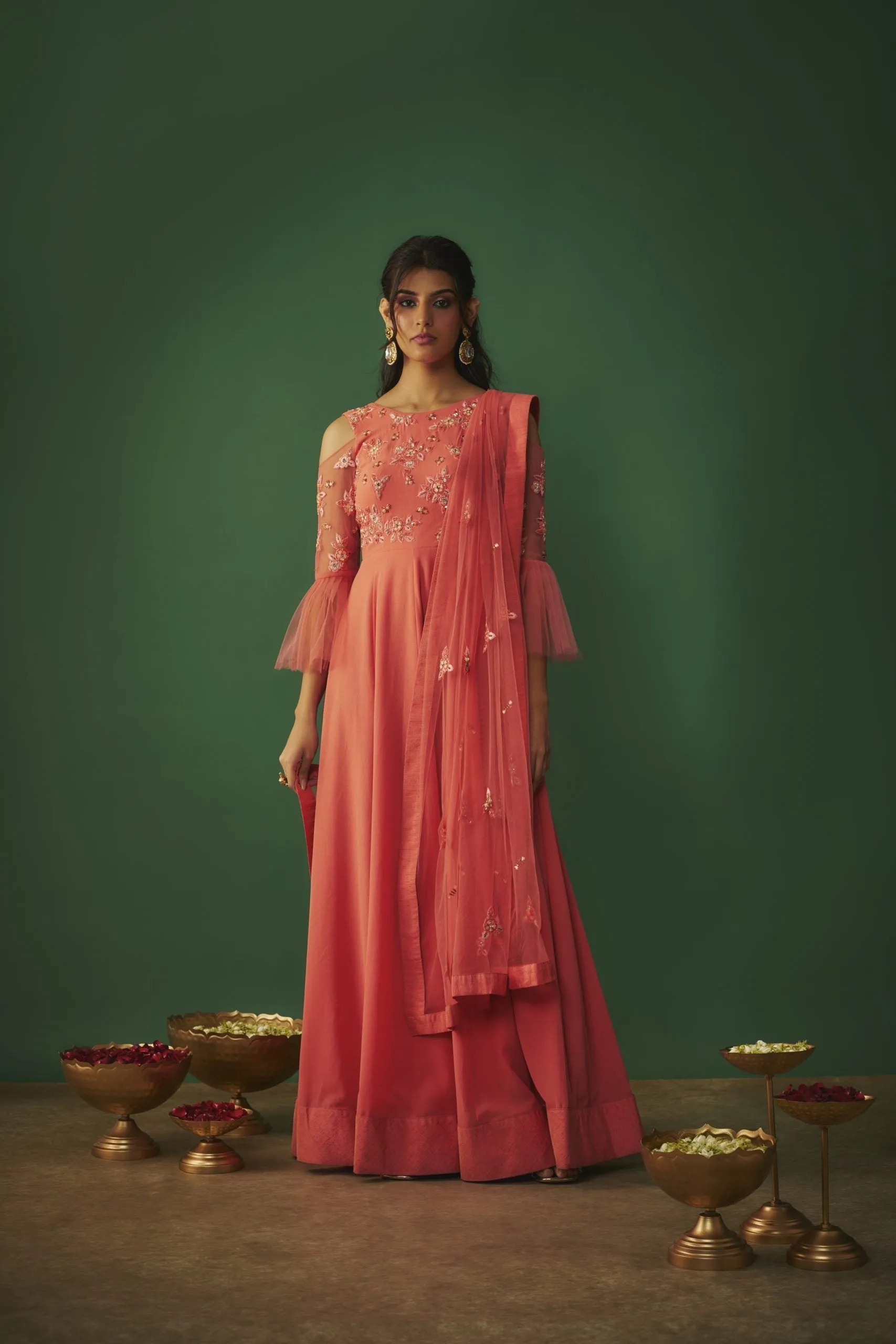 CORAL PINK EMBROIDERED ANARKALI AND DUPATTA SET