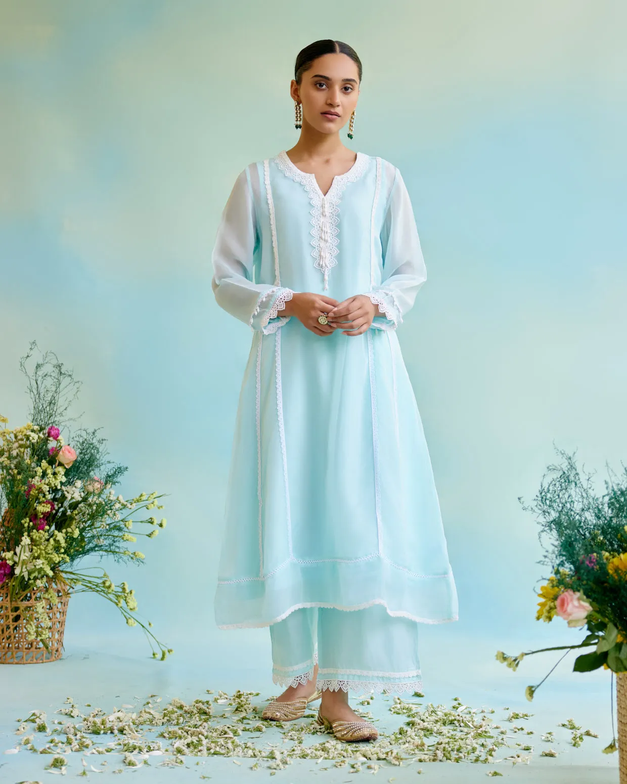 Dreamy Blue Organza Anarkali with 
Silky Modal Wide Leg Pants