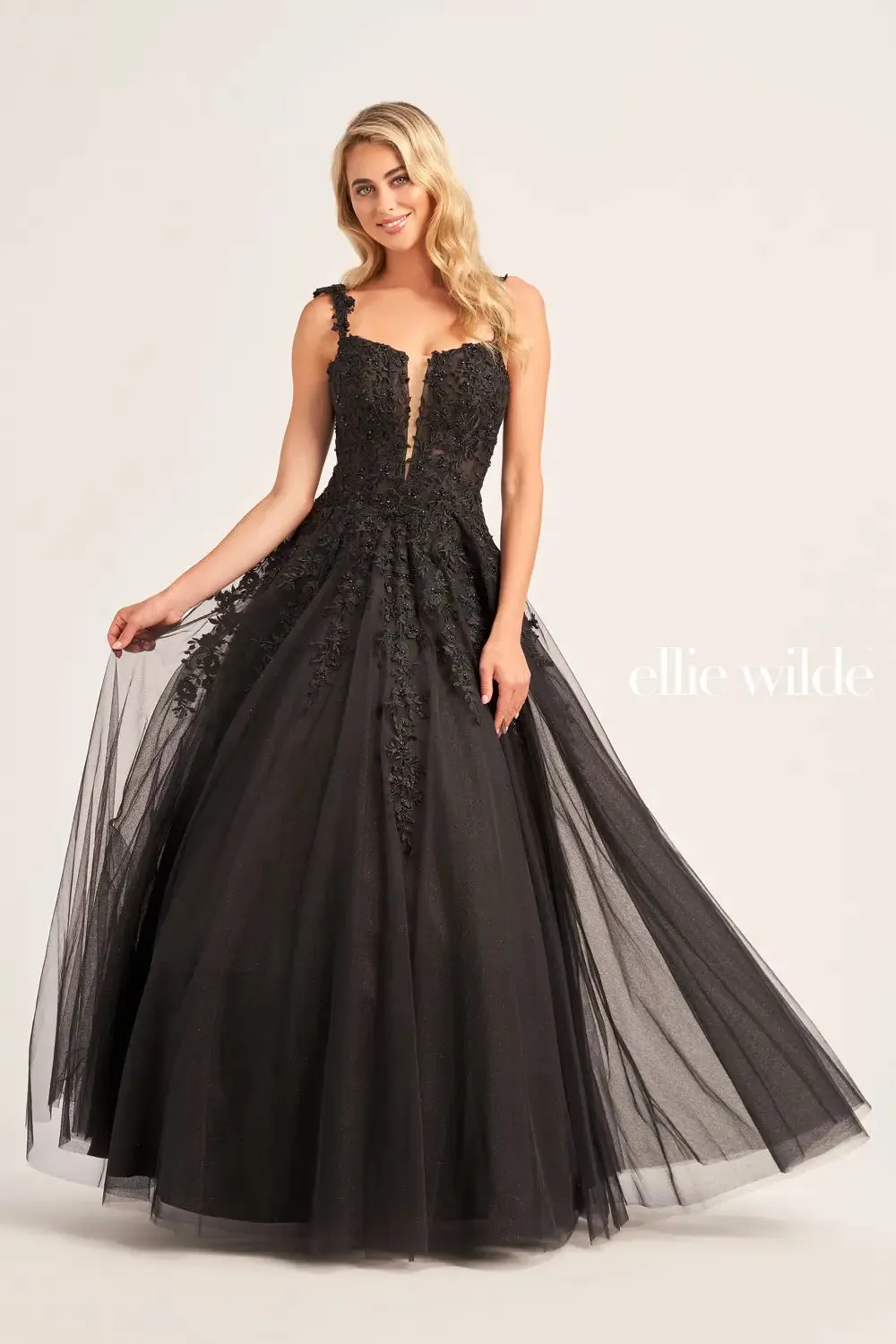 Ellie Wilde EW120014LS Long Sheer Lace Shimmer Ballgown Prom Dress V Neck Formal Gown