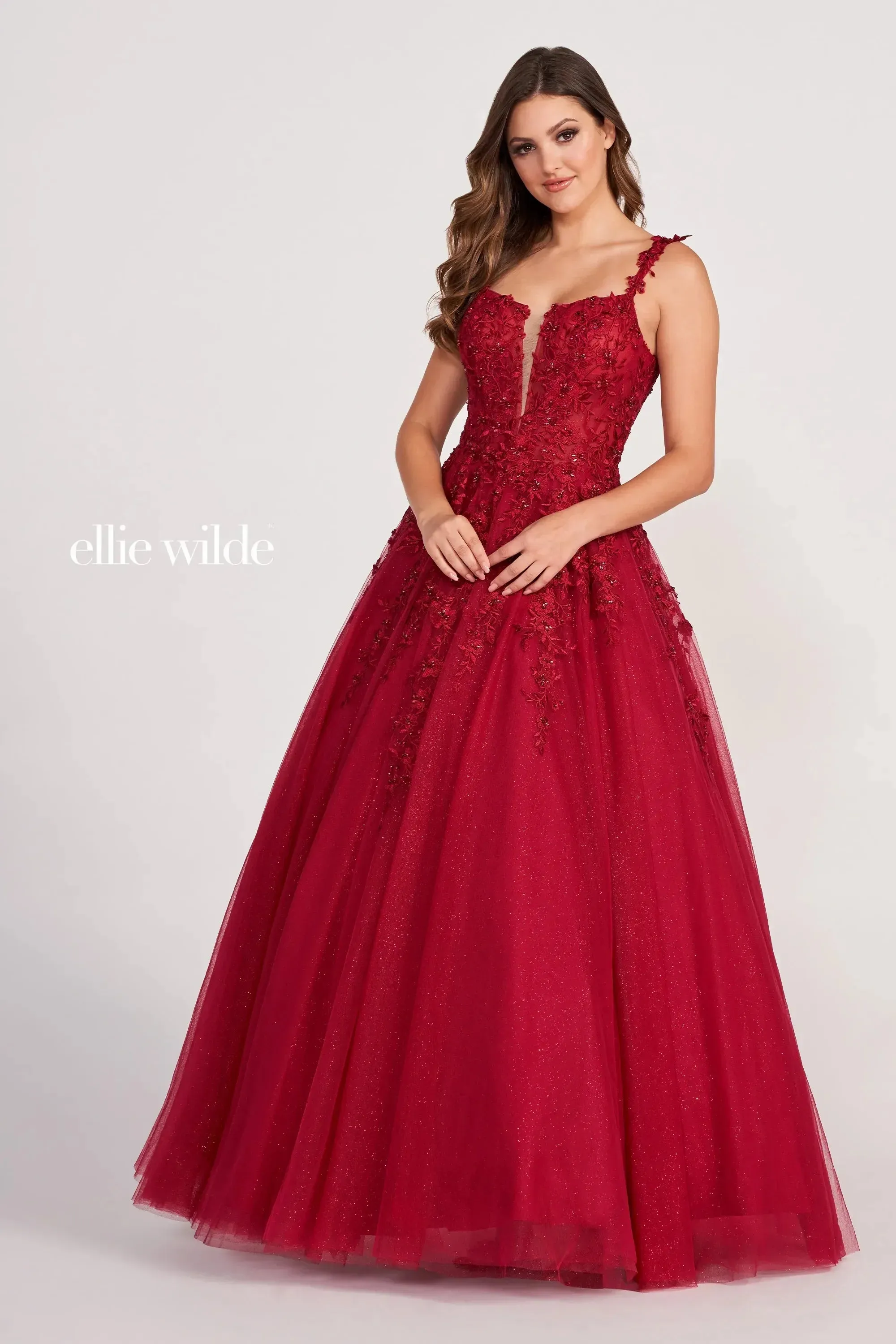 Ellie Wilde EW120014LS Long Sheer Lace Shimmer Ballgown Prom Dress V Neck Formal Gown