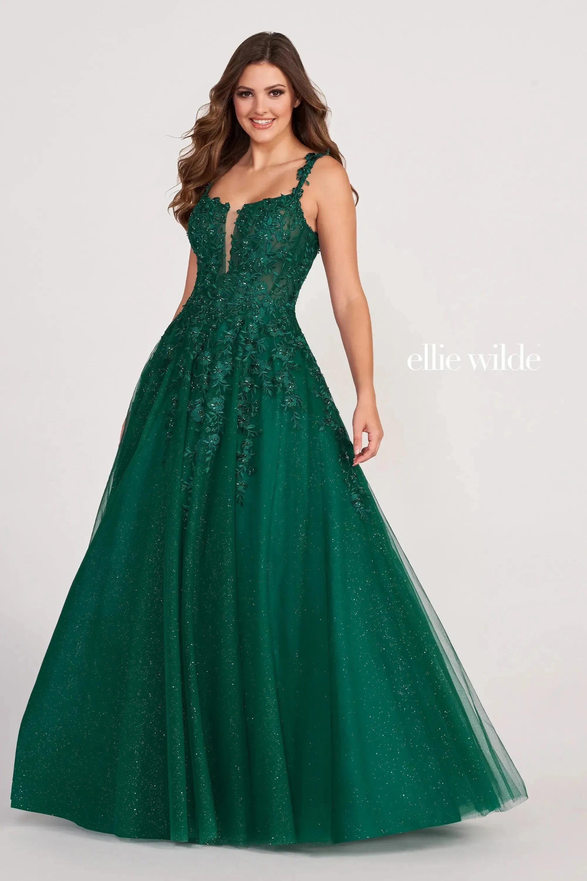 Ellie Wilde EW120014LS Long Sheer Lace Shimmer Ballgown Prom Dress V Neck Formal Gown