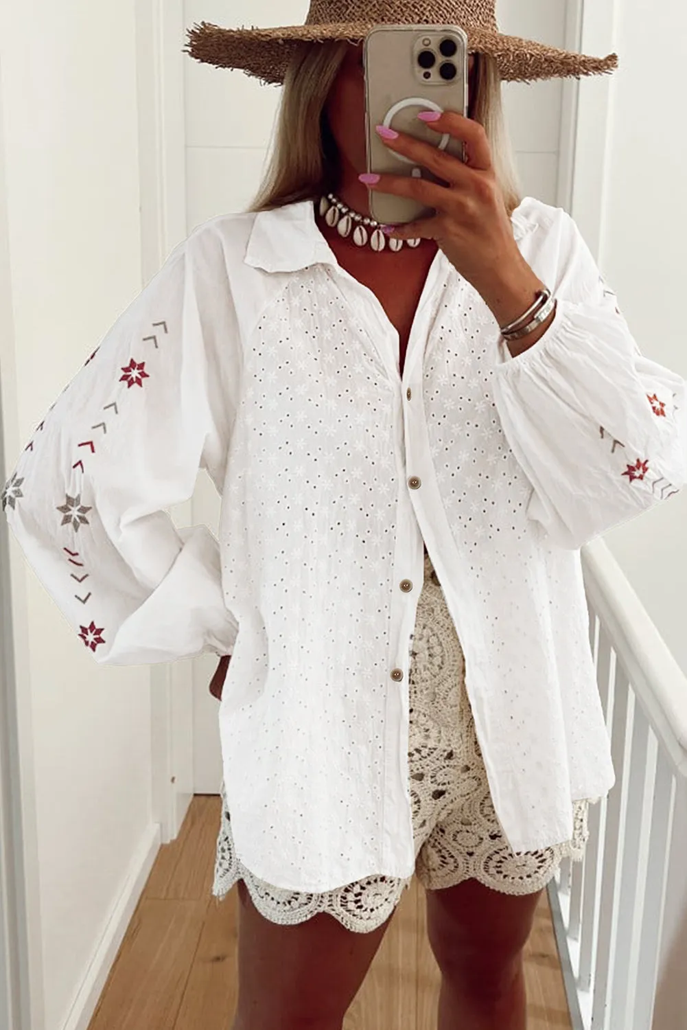 Floral Embroidered Puff Sleeve Eyelet Patchwork Shirt