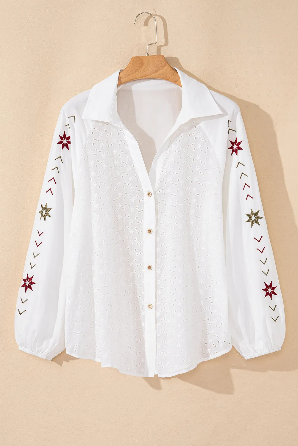 Floral Embroidered Puff Sleeve Eyelet Patchwork Shirt