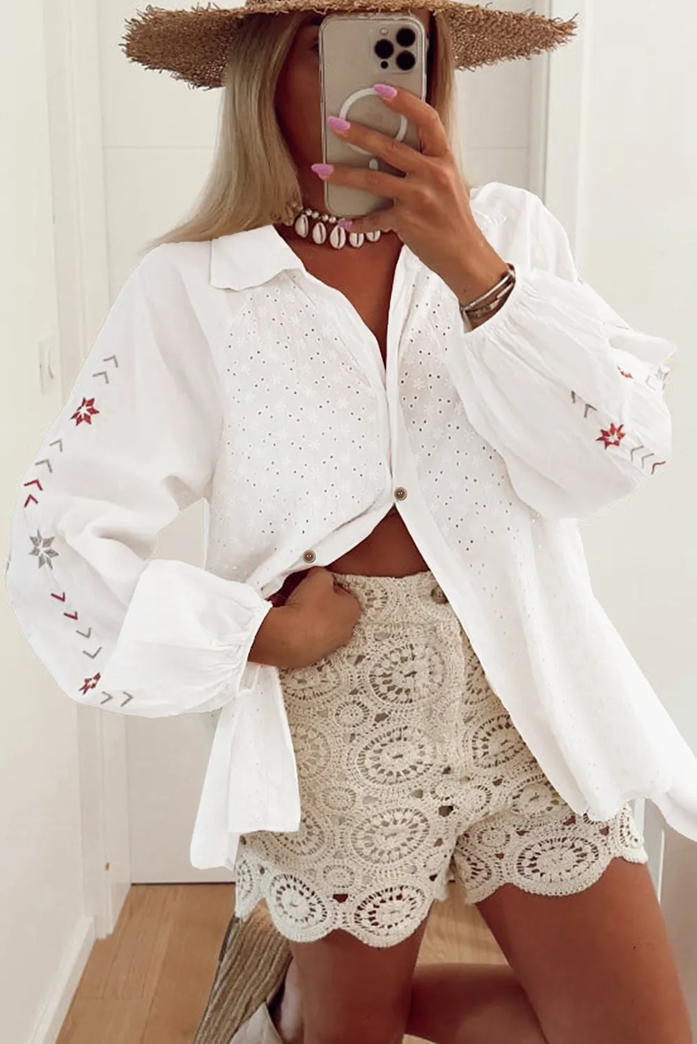 Floral Embroidered Puff Sleeve Eyelet Patchwork Shirt